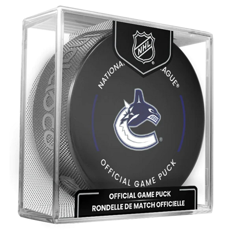Vancouver Canucks Current NHL Official Game Hockey Puck In Cube