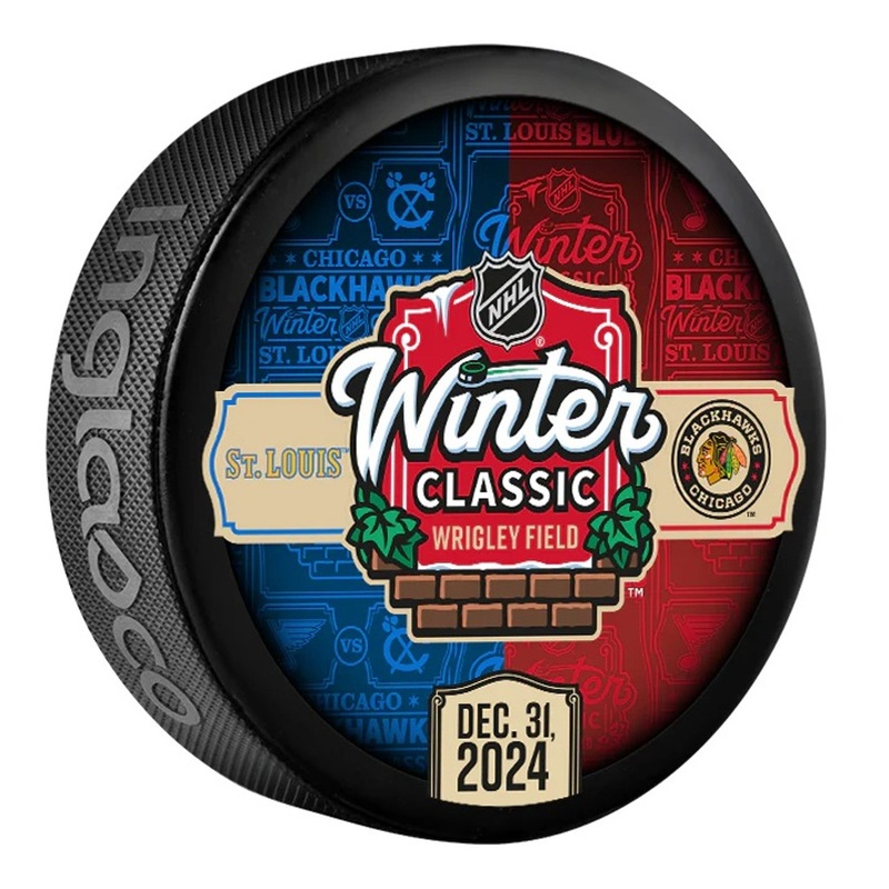 2025 Winter Classic NHL Dueling Inglasco Souvenir Puck – Chicago Blackhawks vs. St. Louis Blues