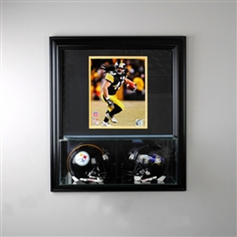 Deluxe Real Glass Wall Mounted Double Mini Helmet Case 8 x 10 Display Case