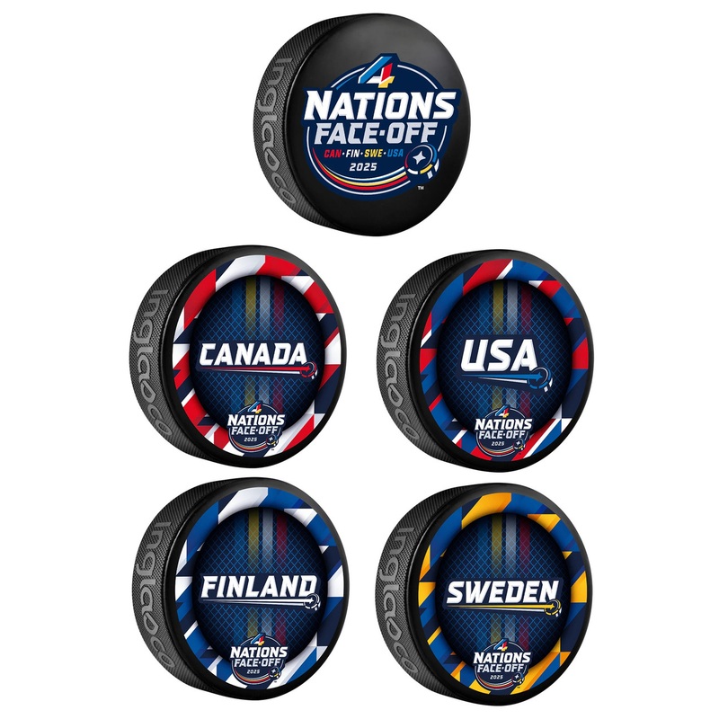 NHL 4 Nations Face-Off 2025 Souvenir Collectors 5 Puck Set – Team Canada USA Finland Sweden
