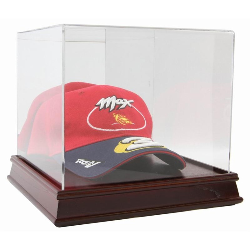 DELUXE CHERRY WOOD BASE HAT CAP DISPLAY CASE