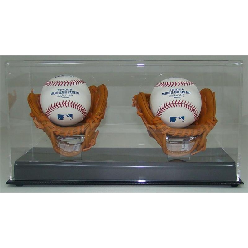 ACRYLIC DOUBLE (2) BASEBALL MINI GLOVE / MITT BALL DISPLAY CASE
