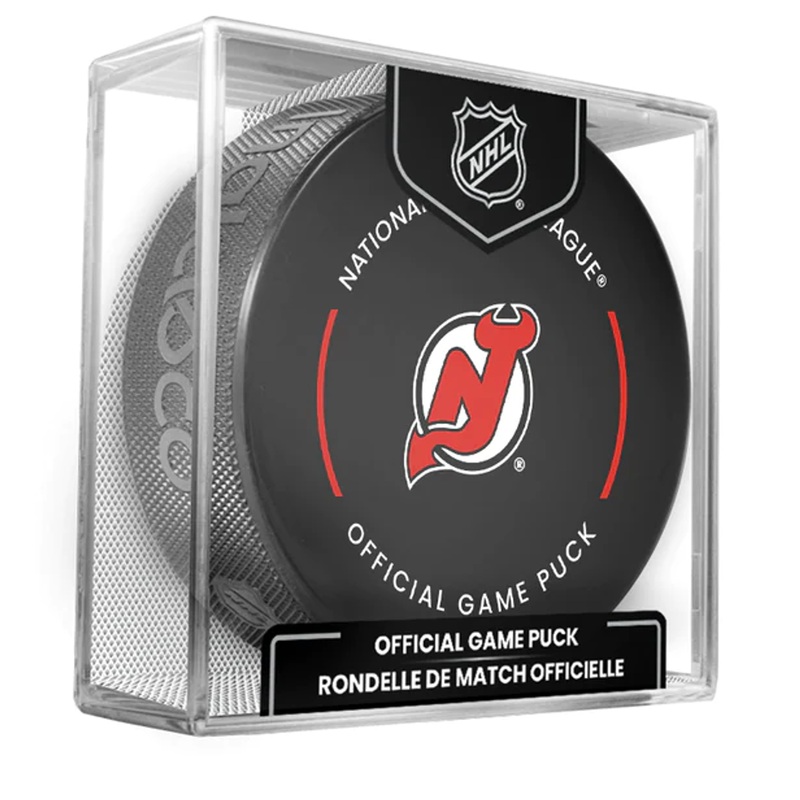 New Jersey Devils Current NHL Official Game Hockey Puck In Cube