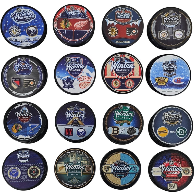 All 16 NHL Winter Classic Sherwood Inglasco Dueling Souvenir Hockey Puck Set