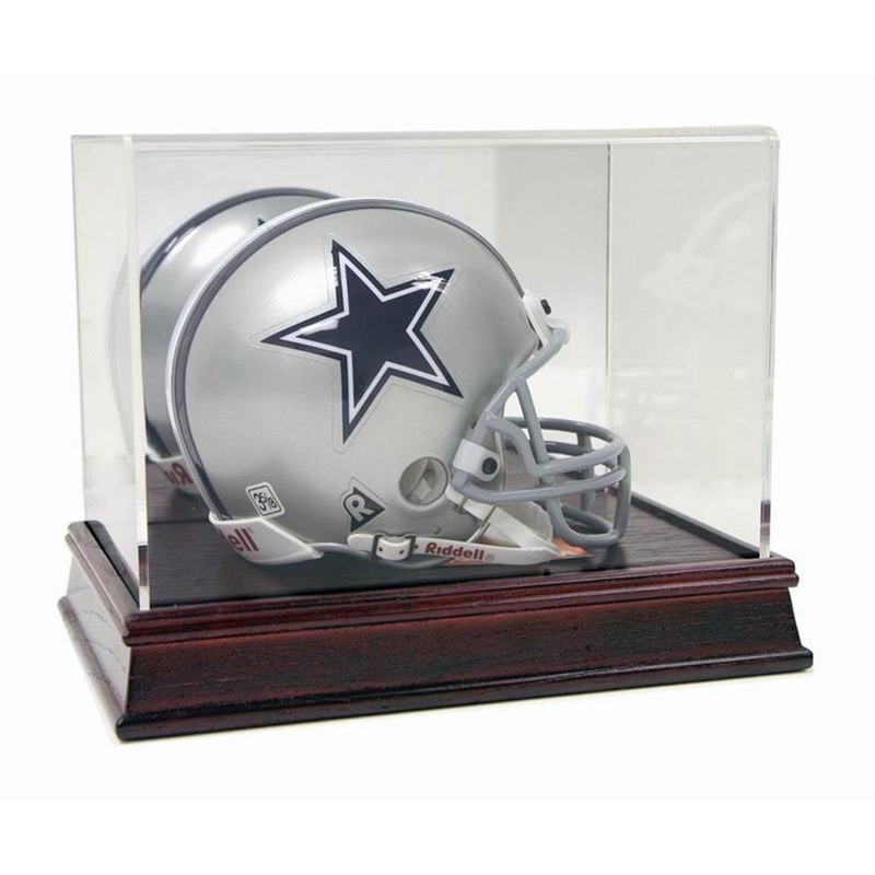 DELUXE MINI FOOTBALL HELMET CHERRY WOOD BASE DISPLAY