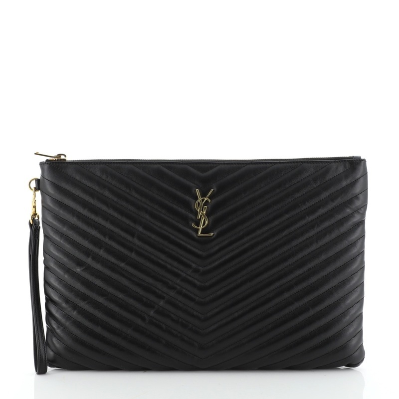 Classic Monogram Wristlet Pouch Matelasse Chevron Leather Large S744816734636